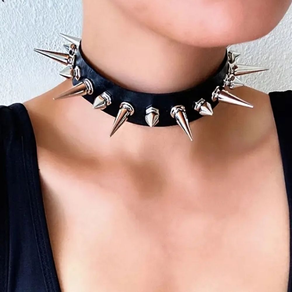 Goth Punk Style Silver Spiked Choker Necklace #9